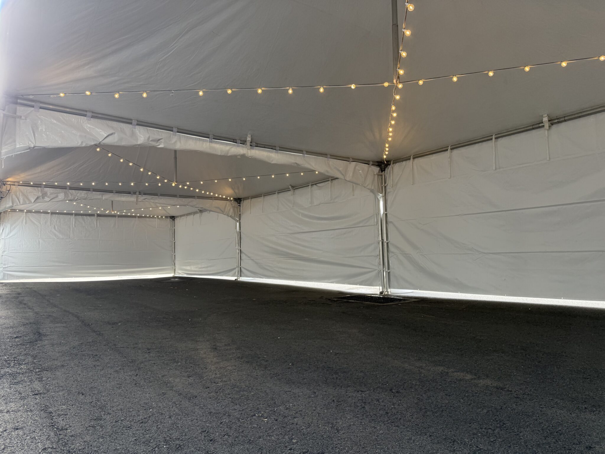 inside a 20x60 tent rental with sting lights hung